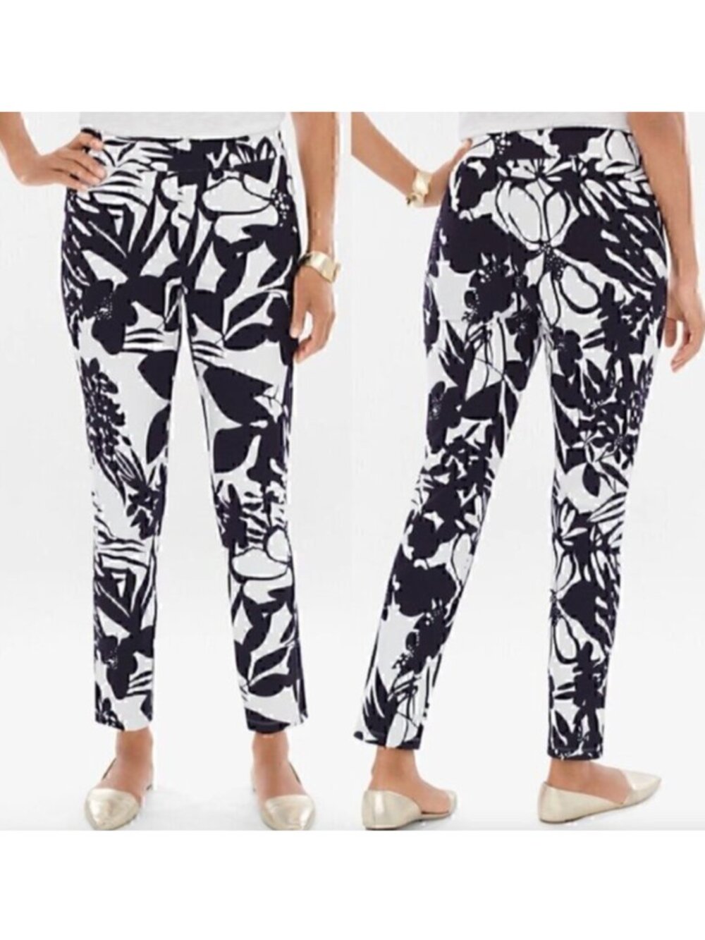 CHICO'S sz 00 Travelers Collection Tropical Floral Crepe Pants Navy Blue White 2
